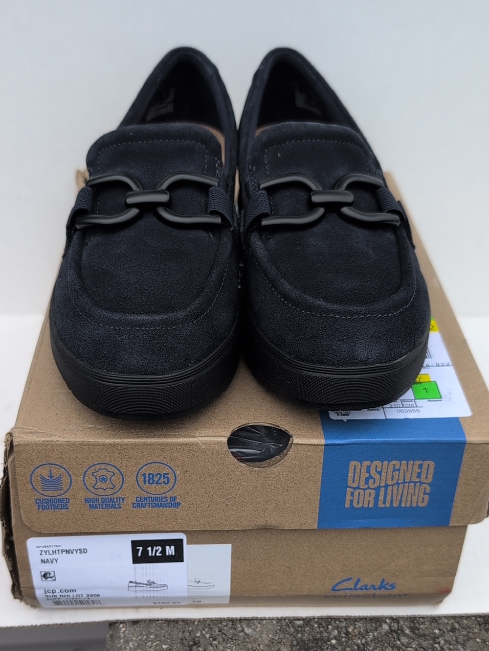 Clarks Navy Suede Loafers with Matte Black Bit